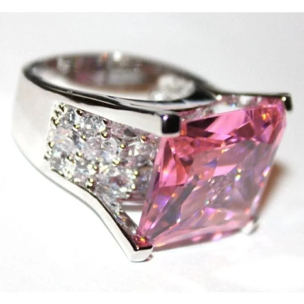 Rectangle Pink Tourmaline Ice Cz Chunky Cubic Zirconia Glam Cocktail Ring Size 7